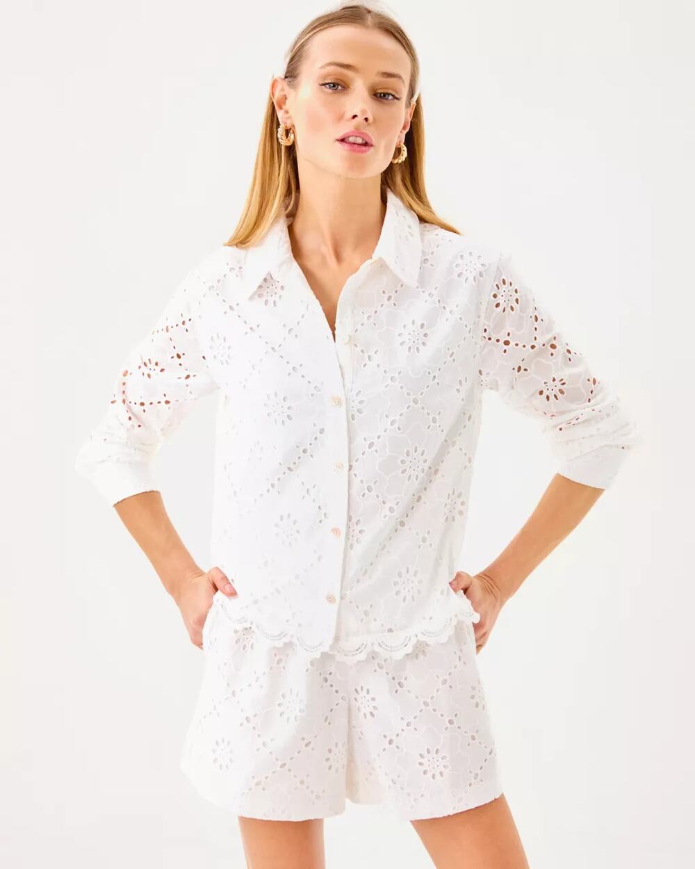 Lilly Pulitzer White Singrid Eyelet Long Sleeve Button Down Top Women's Size XS